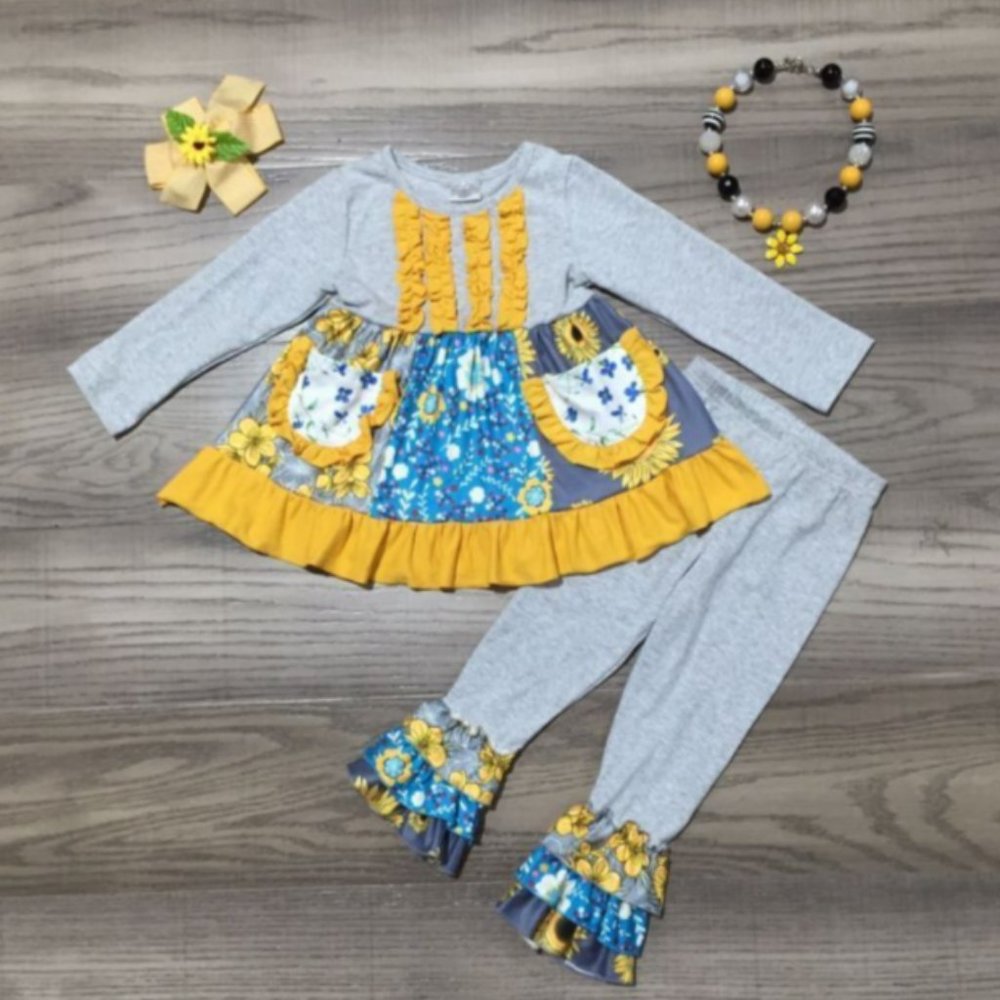 Boutique Sunflower Ruffle Tunic Dress & Leggings Girls Outfit Set